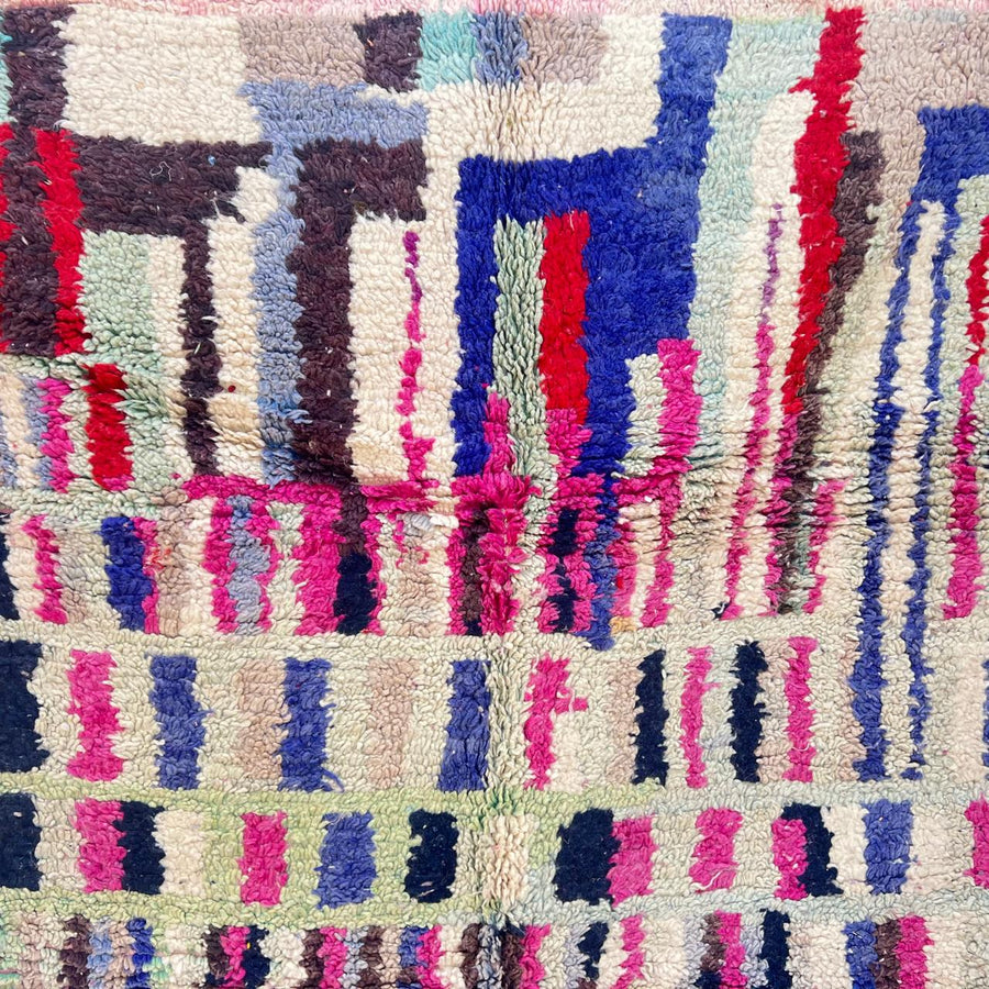 Vintage Moroccan wool rug with colorful abstract grid design, 254x152 cm