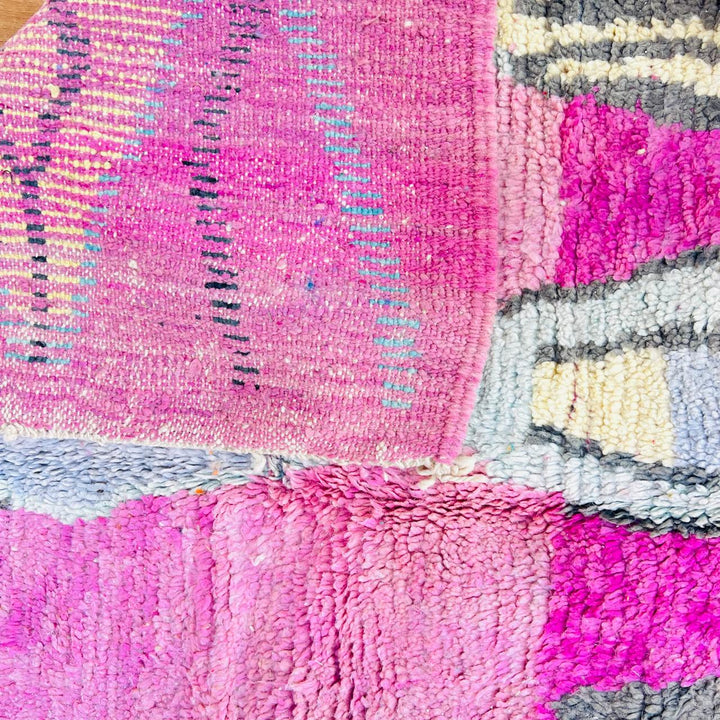 Vintage Moroccan wool rug in pink with abstract Berber pattern, handmade in Morocco, 249 x 156 cm