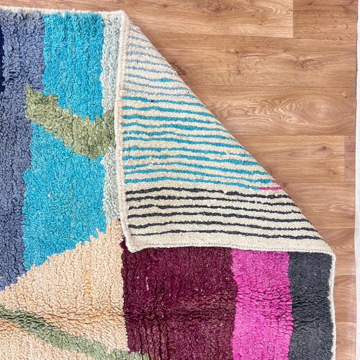 Vintage Moroccan wool rug with abstract Berber design in blue, beige, and magenta, 240x165 cm