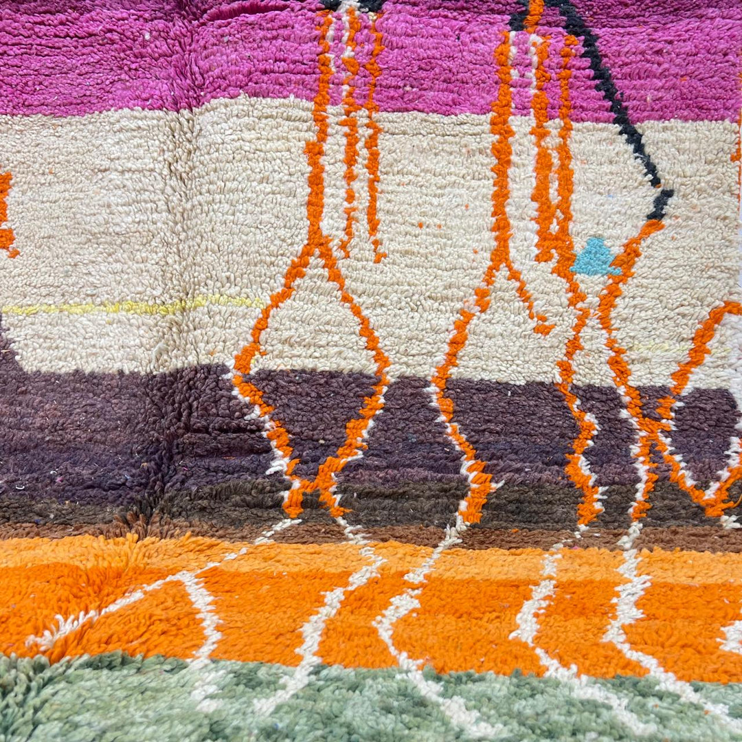 Vintage Moroccan Berber rug with bold abstract stripes in orange turquoise and ivory wool