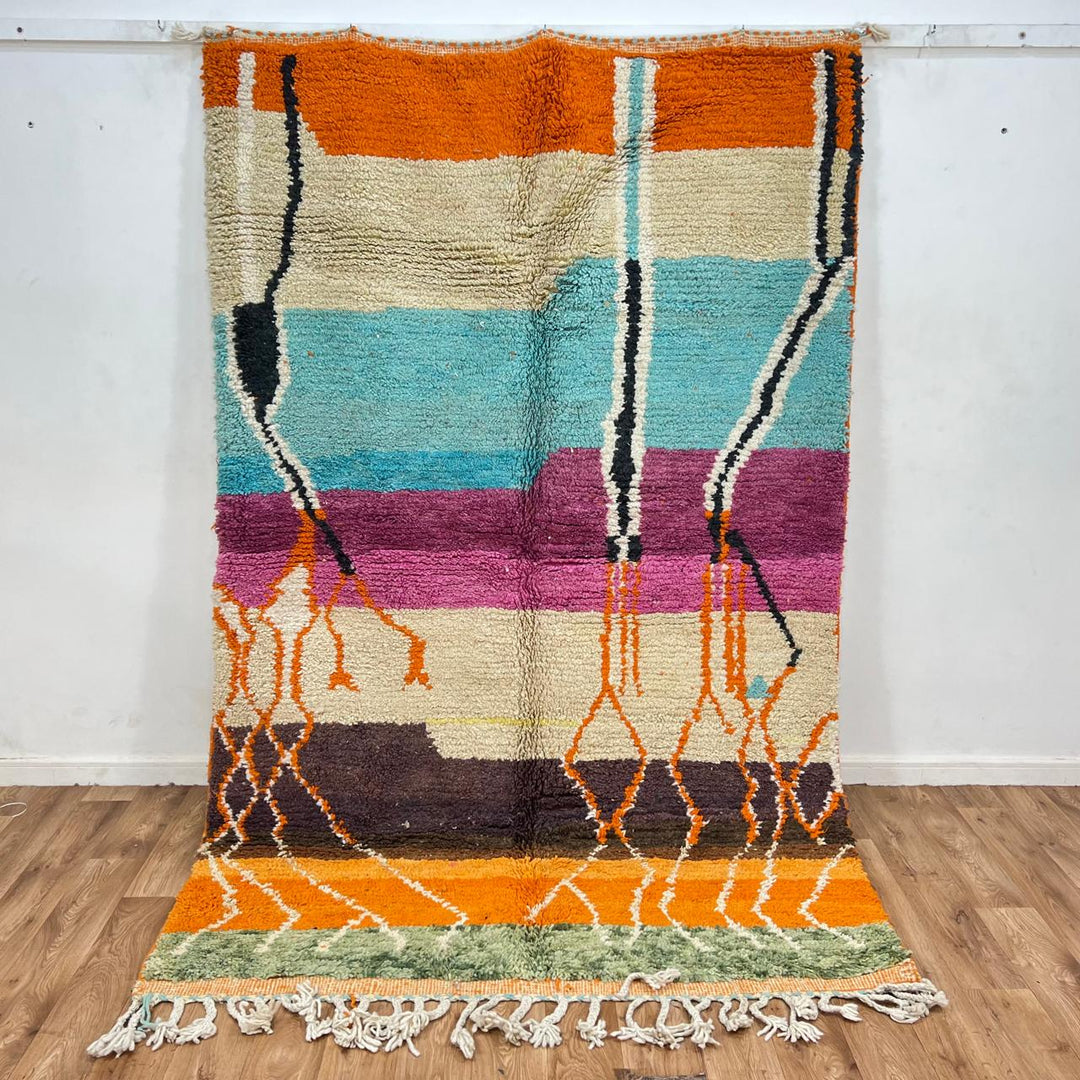 Vintage Moroccan Berber rug with bold abstract stripes in orange turquoise and ivory wool