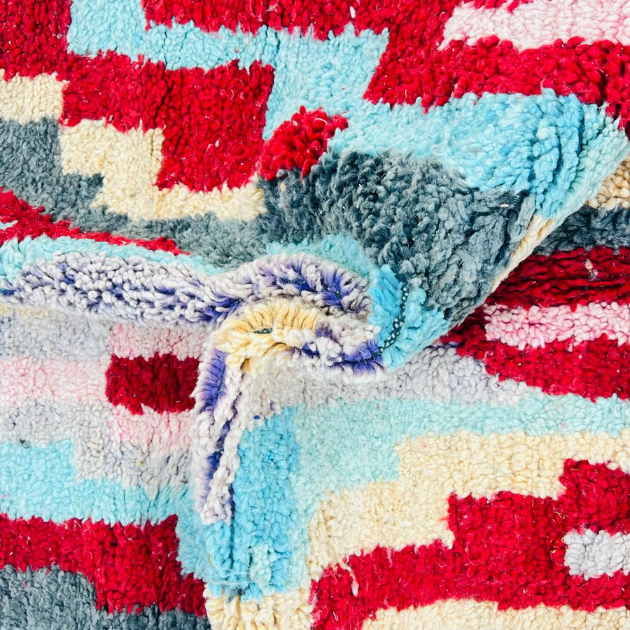 Vintage Moroccan rug handmade from colorful Berber wool with geometric tribal design, 257x153 cm