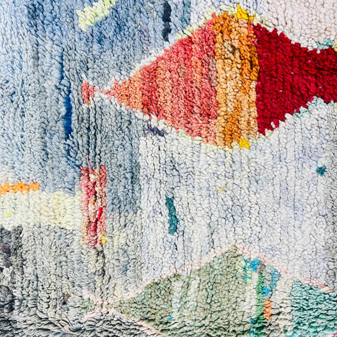 Vintage Moroccan wool rug 267x150 cm with abstract vertical design in blue, yellow, red and sage green – handmade Berber carpet from Morocco