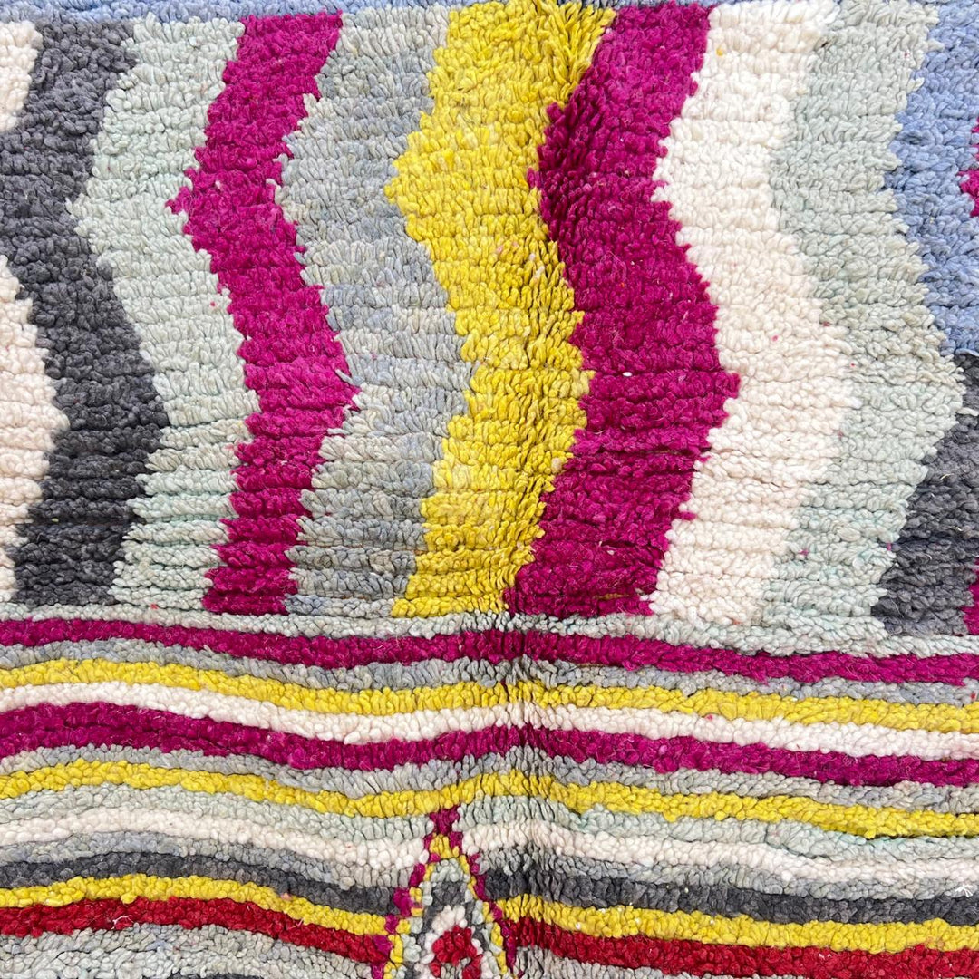 Vintage Moroccan wool rug with red, yellow, grey and ivory stripes and central diamond motif, handwoven Berber rug 235x152 cm