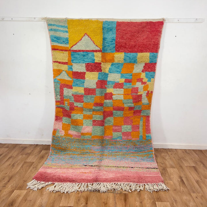Vintage Moroccan wool rug 8.82 x 5.35 ft Rug 82 with colorful patchwork geometric design in turquoise, orange, pink, yellow and cream tones