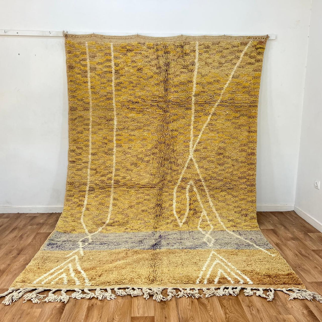 Vintage Moroccan wool rug with mustard color and Berber symbols, 313x210 cm