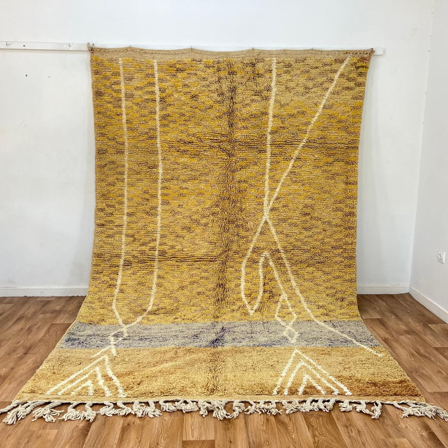 Vintage Moroccan wool rug with mustard color and Berber symbols, 313x210 cm