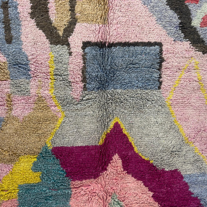 Vintage Moroccan wool rug 7.80x5.35 ft, handmade Berber shag rug with abstract geometric design in pink, grey, beige and burgundy tones