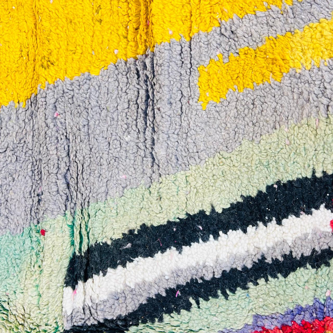 Vintage Moroccan wool rug with colorful abstract Berber geometric design, handmade in Morocco