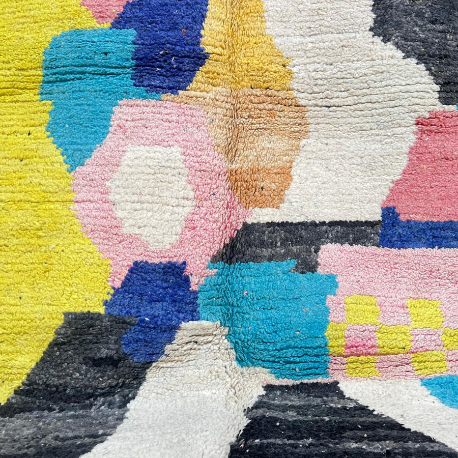 Vintage Moroccan wool rug with colorful abstract geometric blocks in yellow, blue, pink, teal and black, handwoven Berber carpet 234x156 cm