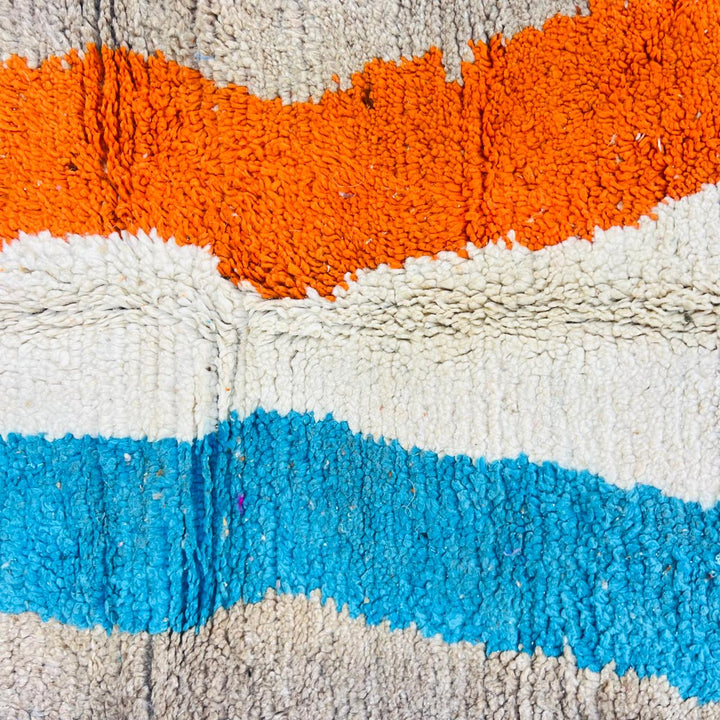 Vintage Moroccan wool rug with abstract blue, ivory and orange stripe on beige background, handmade Berber rug 264x152 cm