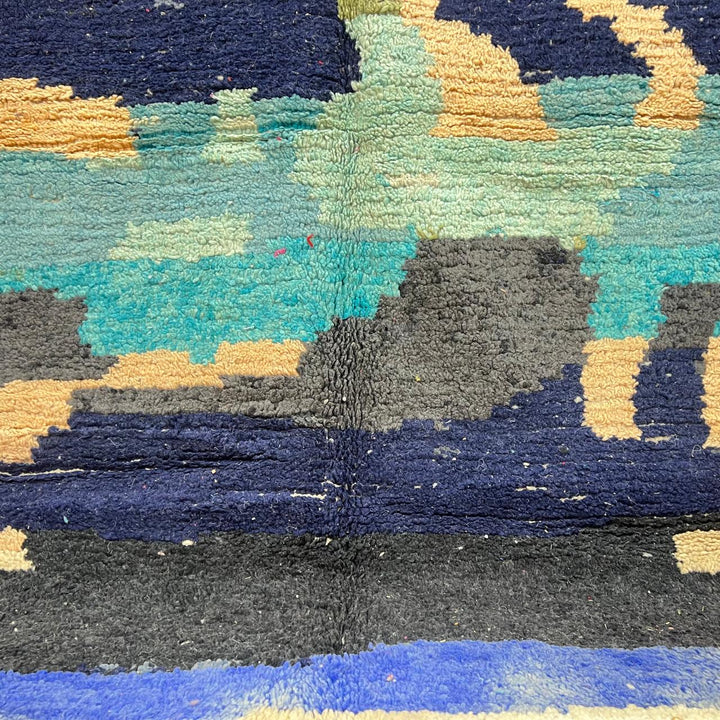 Vintage Moroccan wool rug with abstract Berber design in blue, beige, and magenta, 240x165 cm