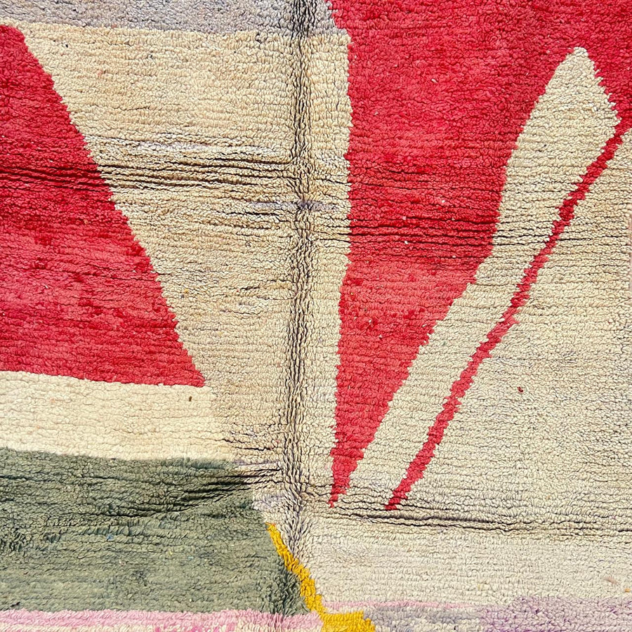 Vintage Moroccan wool rug with abstract Berber design in mustard, red, ivory and green, handmade in Morocco, size 261x160 cm