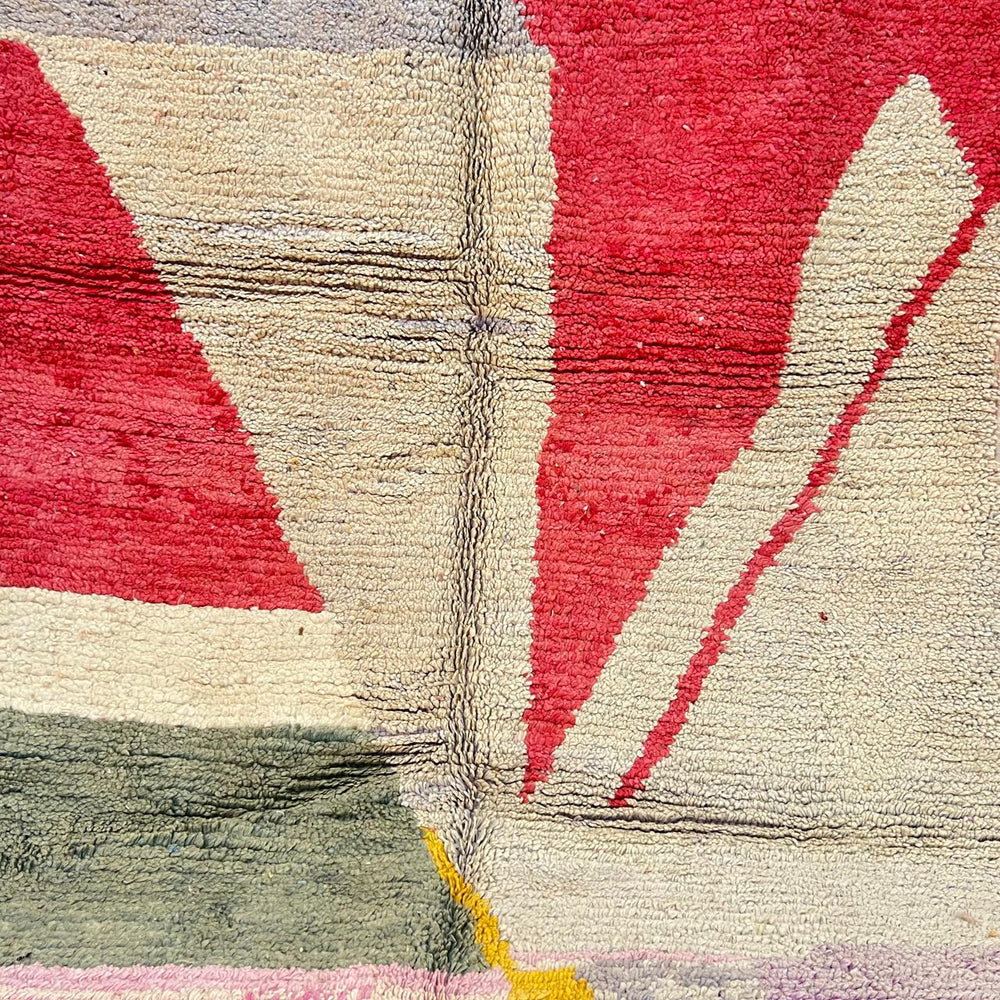 Vintage Moroccan wool rug with abstract Berber design in mustard, red, ivory and green, handmade in Morocco, size 261x160 cm