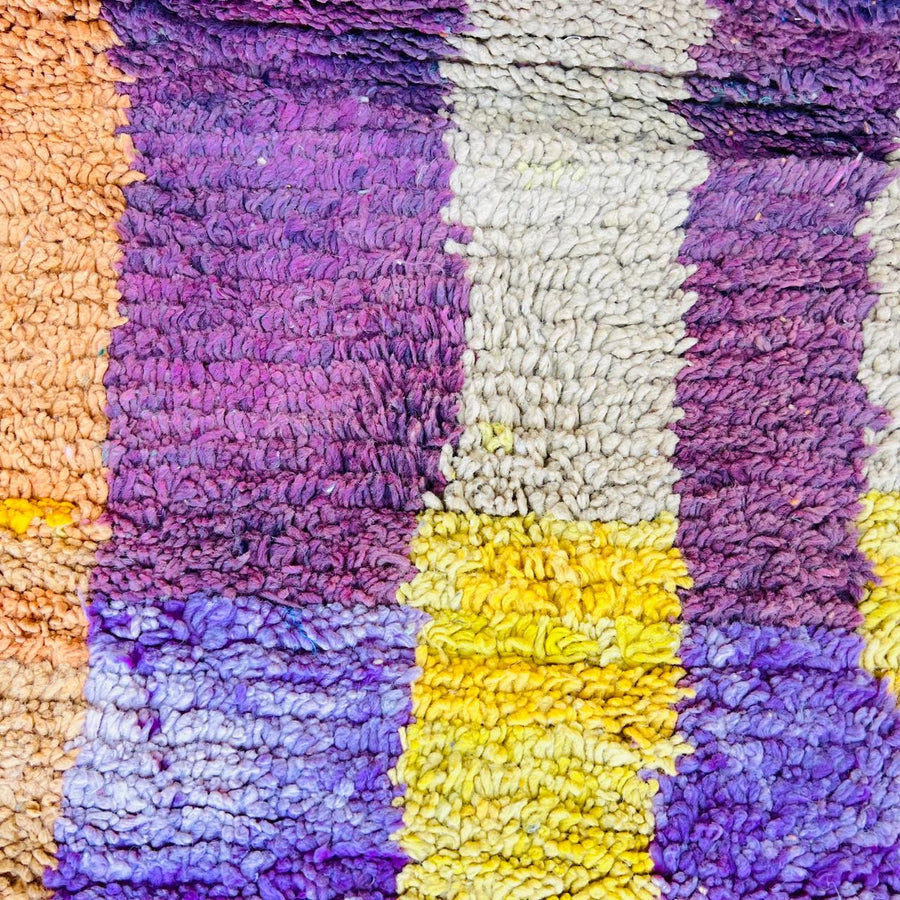 Vintage Moroccan wool rug with abstract color-block design in pink, yellow and green
