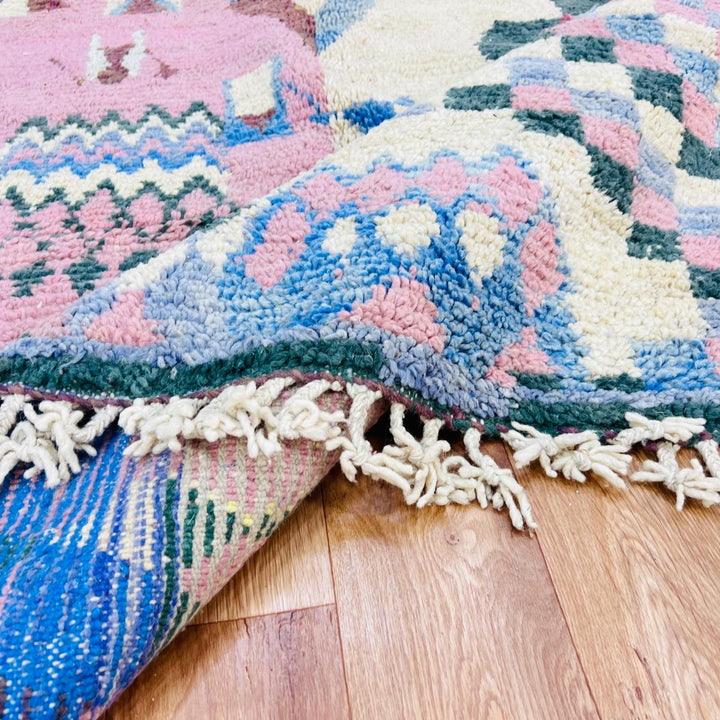 Vintage Moroccan wool rug with abstract Berber symbols in blush pink, pastel yellow and blue, size 263x160 cm