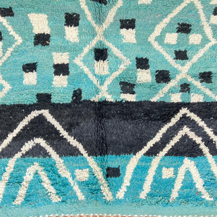 Vintage Moroccan wool rug in turquoise blue with black and ivory Berber geometric patterns