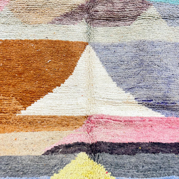 Vintage Moroccan wool rug with pastel geometric blocks in pink, green, blue and caramel