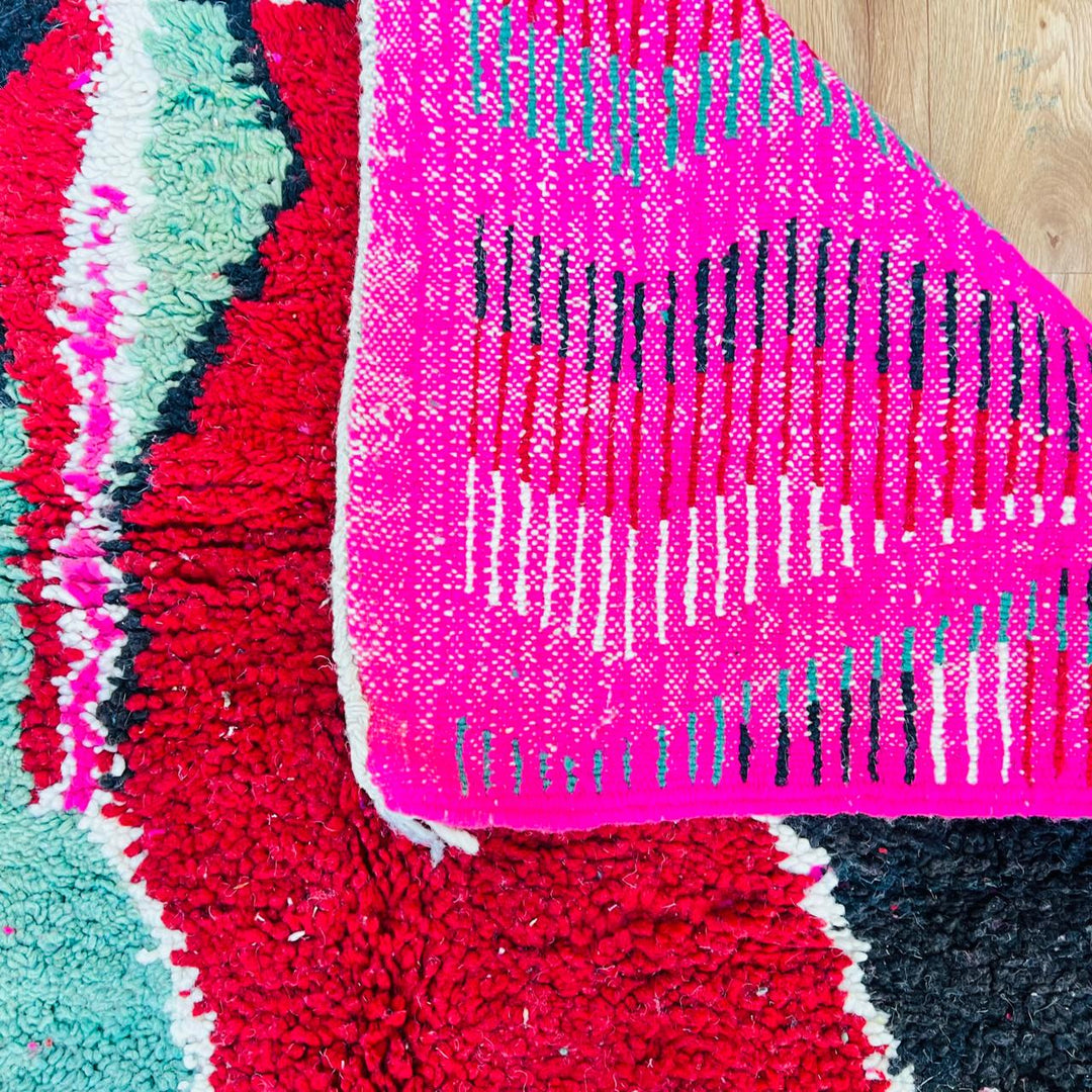 Vintage Moroccan wool rug with colorful abstract Berber patterns, handmade in Morocco