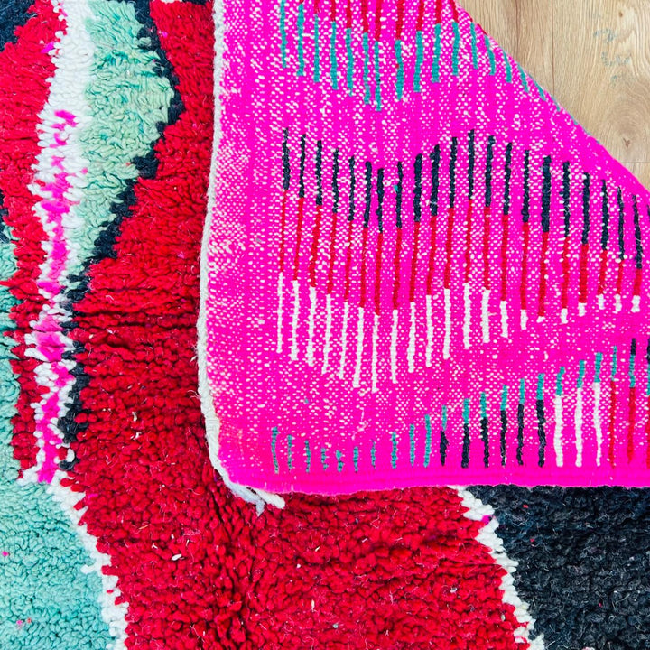 Vintage Moroccan wool rug with colorful abstract Berber patterns, handmade in Morocco