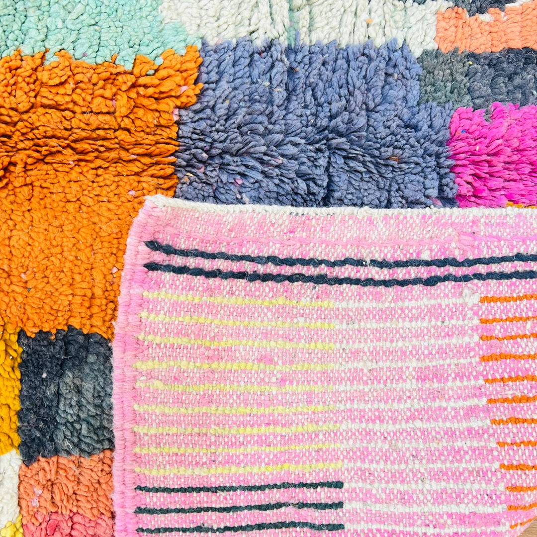 Vintage Moroccan wool rug with colorful abstract Berber geometric design, handmade in Morocco