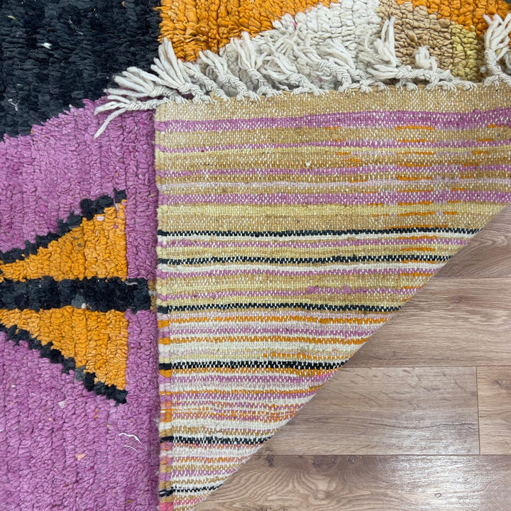 Vintage Moroccan wool rug 8.82x8.79 ft, handmade Berber rug with abstract geometric pattern, colorful shag Moroccan carpet in yellow, pink, turquoise and black tones
