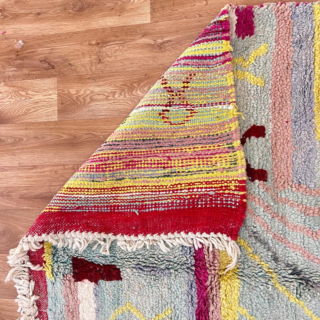 Vintage Moroccan wool rug with abstract Berber symbols in grey, burgundy and mustard, handmade in Morocco, size 253 x 152 cm.