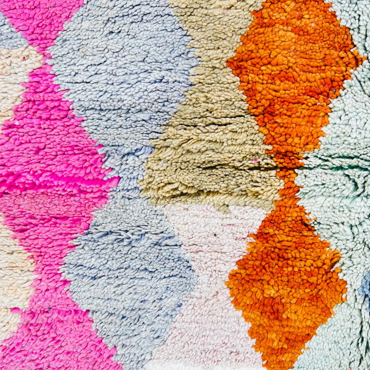 Vintage Moroccan wool rug with colorful Berber diamond geometric pattern, handmade in Morocco