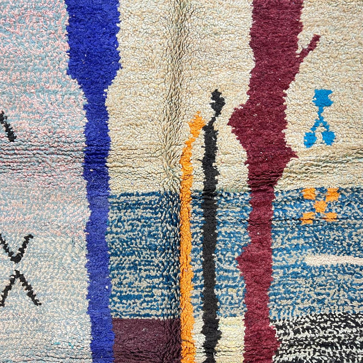 Vintage Moroccan wool rug with abstract vertical stripes in blue, burgundy, cream, and mustard tones
