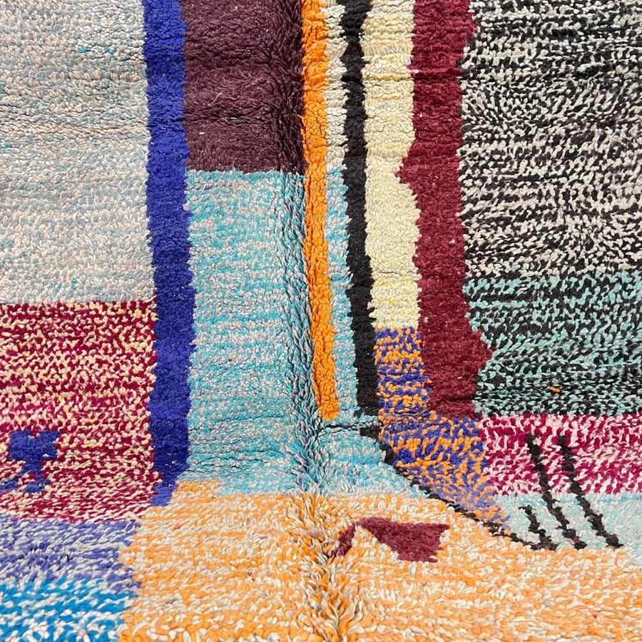 Vintage Moroccan wool rug with abstract vertical stripes in blue, burgundy, cream, and mustard tones