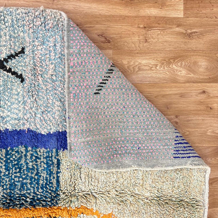 Vintage Moroccan wool rug with abstract vertical stripes in blue, burgundy, cream, and mustard tones