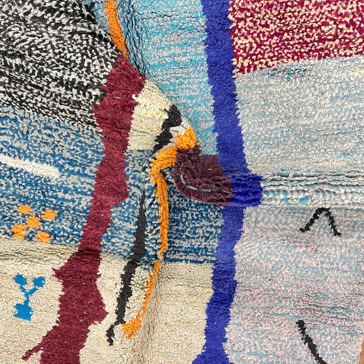 Vintage Moroccan wool rug with abstract vertical stripes in blue, burgundy, cream, and mustard tones