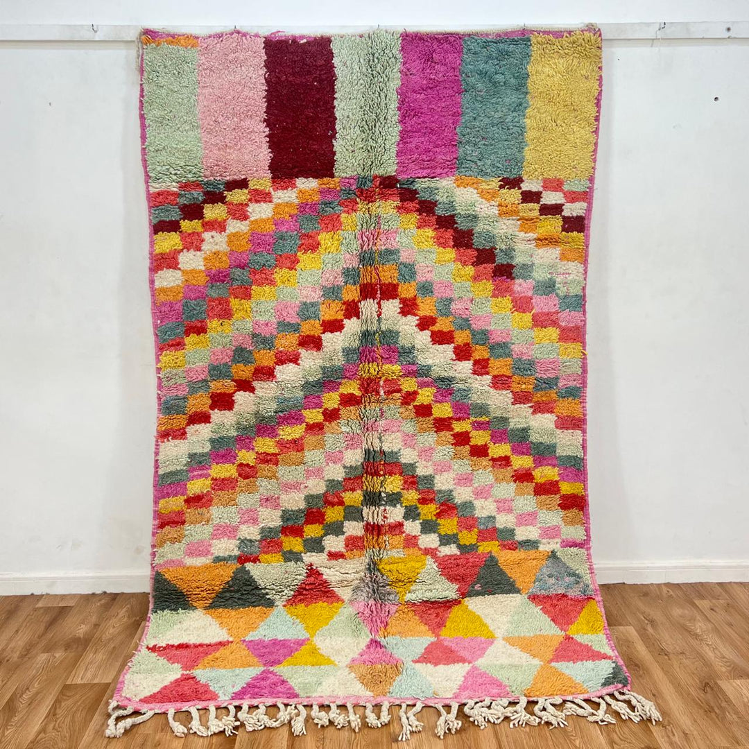 Vintage Moroccan wool rug with colorful geometric checkerboard and diamond patterns