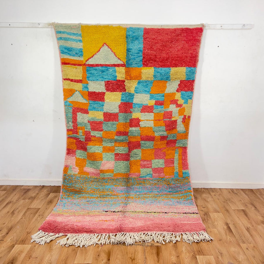 Vintage Moroccan wool rug 8.82 x 5.35 ft Rug 82 with colorful patchwork geometric design in turquoise, orange, pink, yellow and cream tones