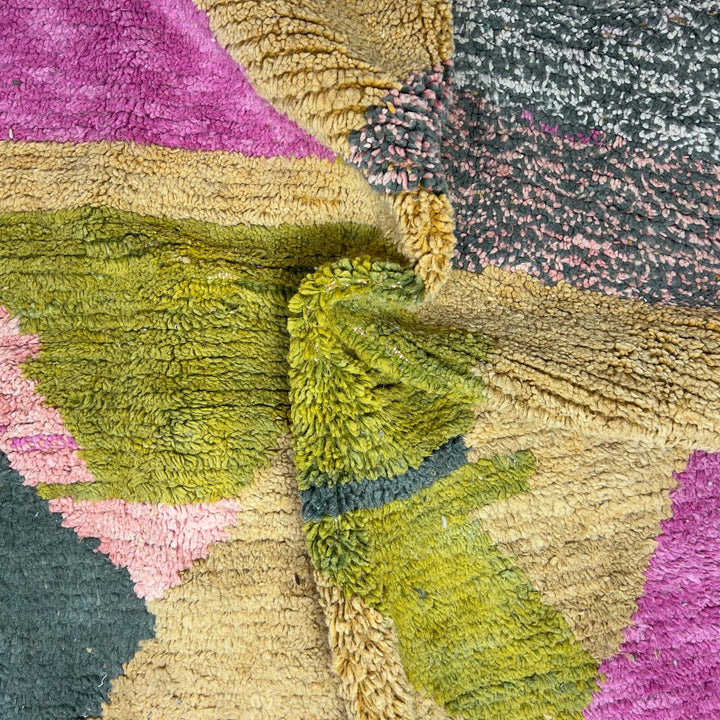 Vintage Moroccan wool rug 8.04x5.35 ft, handmade Berber shag carpet with abstract geometric shapes in beige, pink, green and charcoal tones