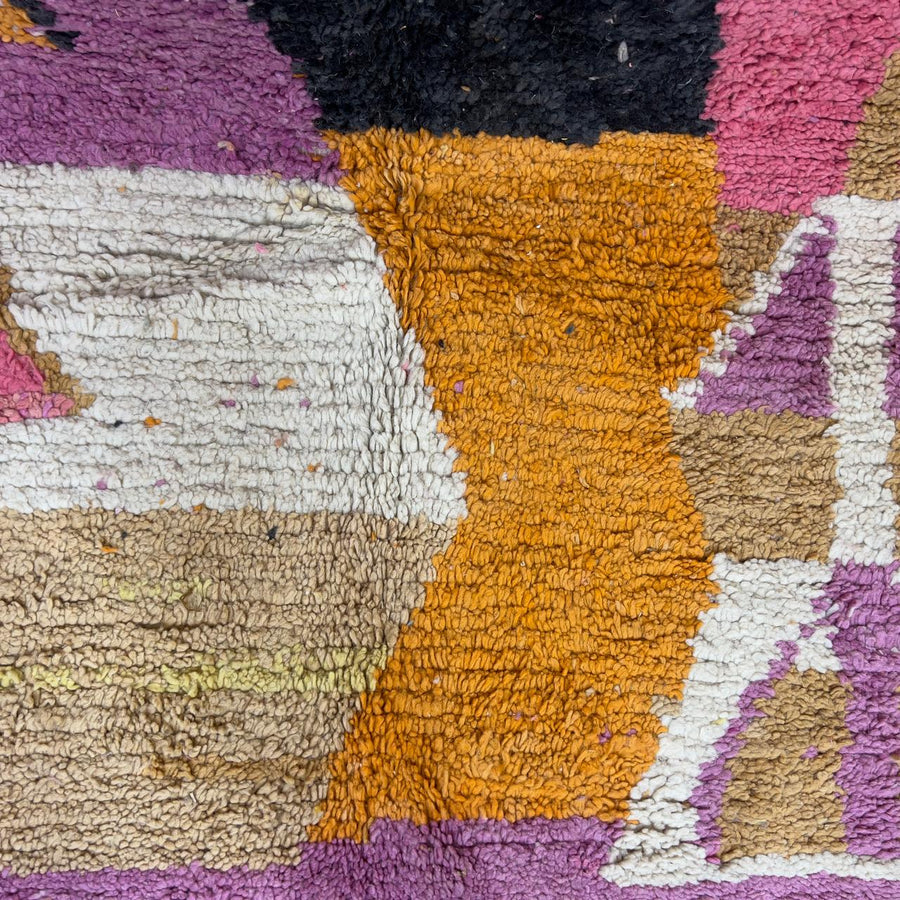 Vintage Moroccan wool rug 8.82x8.79 ft, handmade Berber rug with abstract geometric pattern, colorful shag Moroccan carpet in yellow, pink, turquoise and black tones