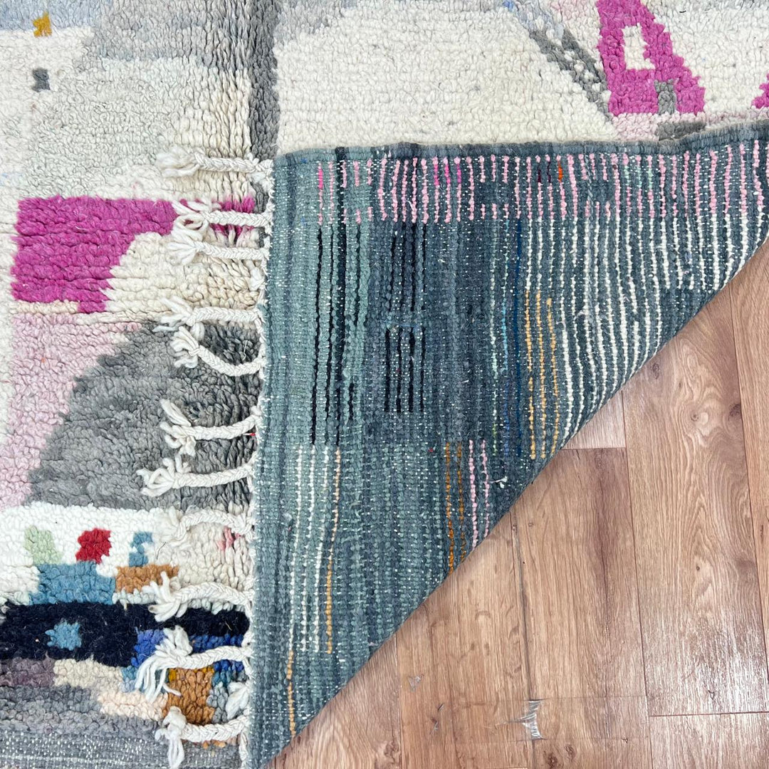 Vintage Moroccan wool rug with neutral geometric Berber design in gray, ivory, and muted blue