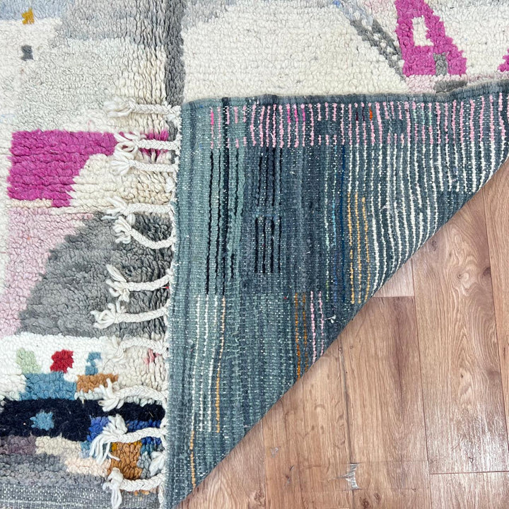 Vintage Moroccan wool rug with neutral geometric Berber design in gray, ivory, and muted blue