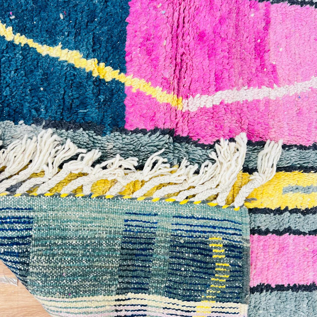 Vintage Moroccan wool rug in pink with abstract Berber pattern, handmade in Morocco, 249 x 156 cm