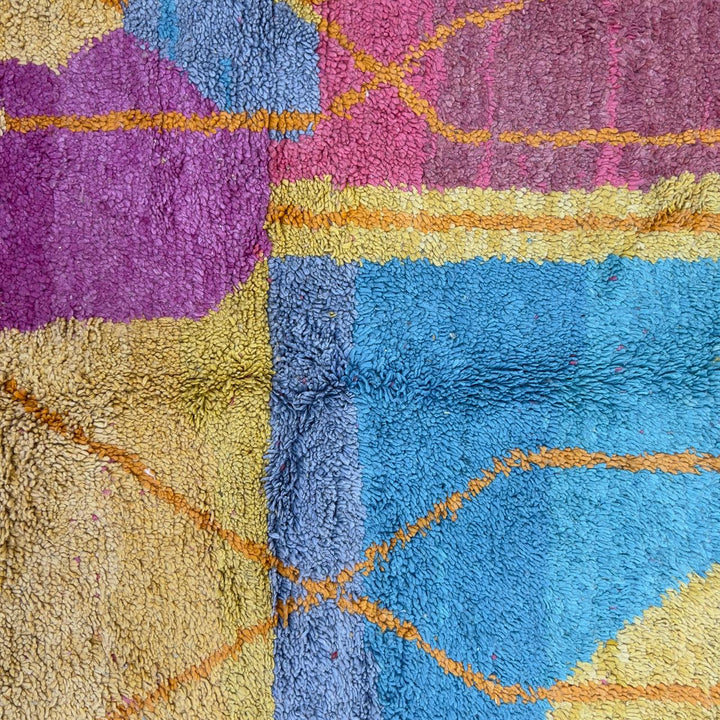 Vintage Moroccan wool rug 7.35x5.41 ft, handmade Berber shag rug with abstract geometric design in mustard yellow, pink and turquoise tones