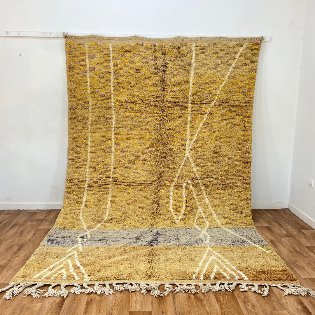 Vintage Moroccan wool rug with mustard color and Berber symbols, 313x210 cm