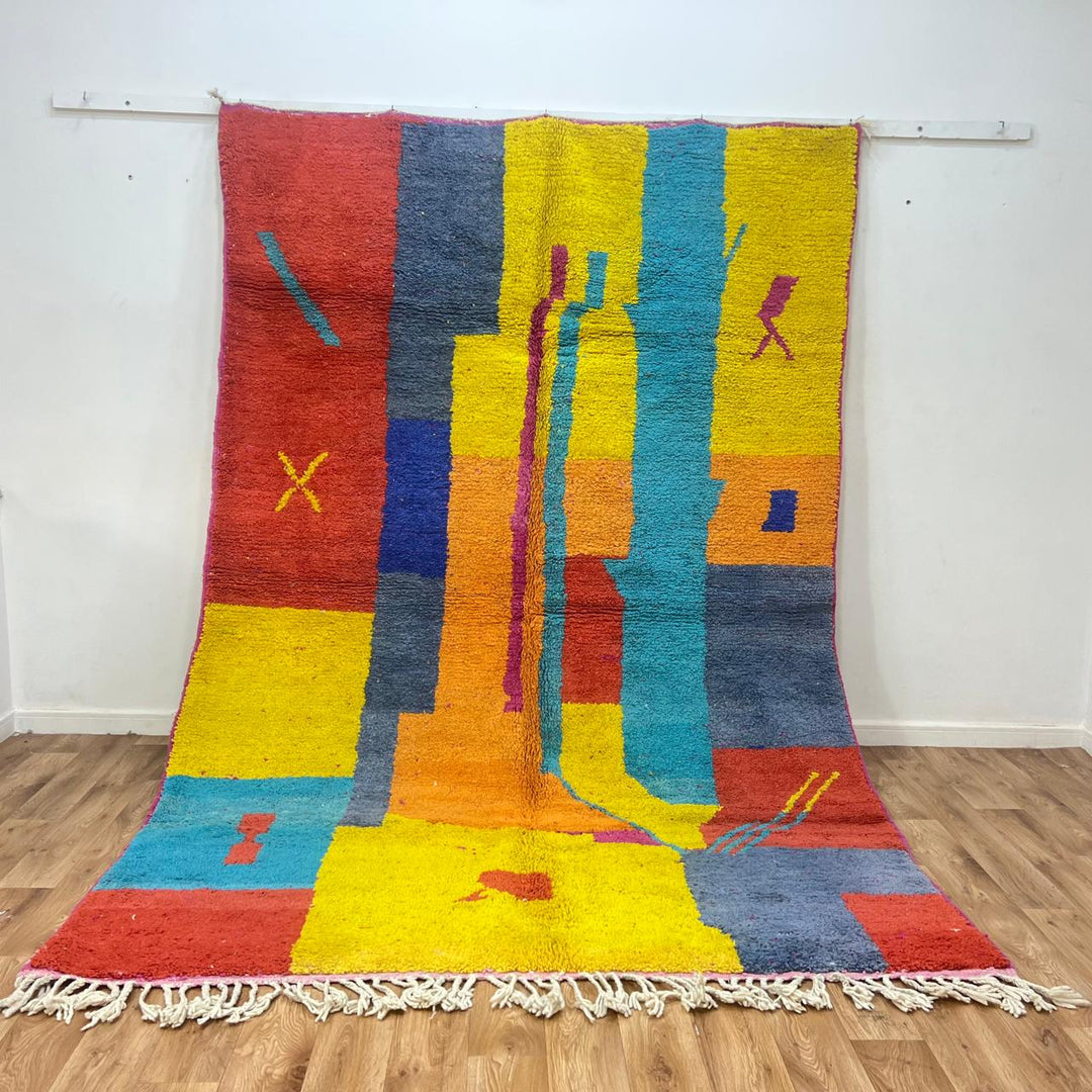 Vintage Moroccan wool rug with colorful abstract Berber geometric pattern, handmade in Morocco