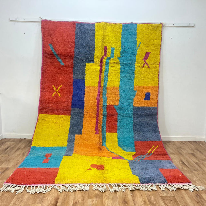 Vintage Moroccan wool rug with colorful abstract Berber geometric pattern, handmade in Morocco