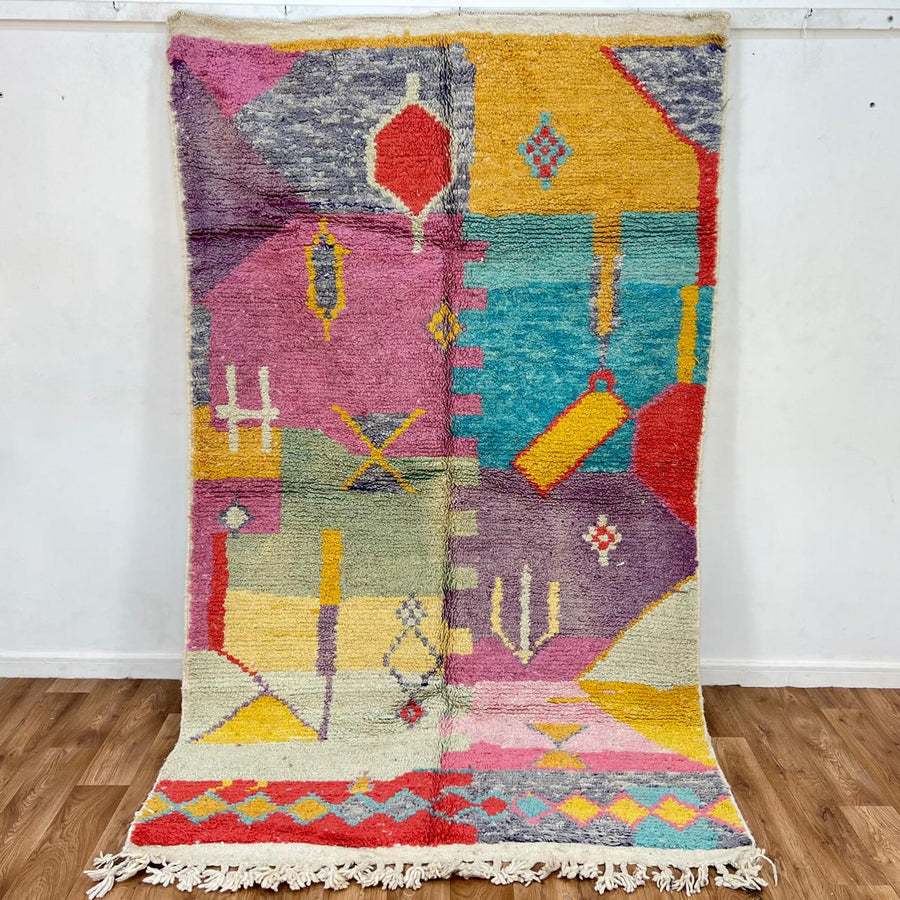 Vintage Moroccan wool rug with colorful Berber geometric patterns, handmade abstract area rug