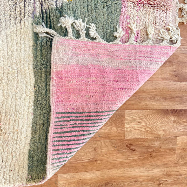 Vintage Moroccan wool rug with abstract Berber design in mustard, red, ivory and green, handmade in Morocco, size 261x160 cm