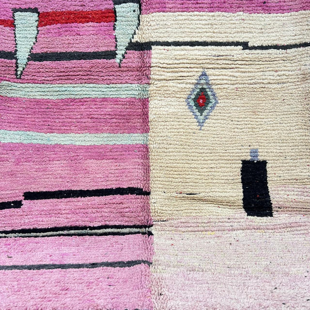 Vintage Moroccan wool rug in soft pink and ivory with abstract Berber lines and geometric motifs, handmade rug 259x159 cm