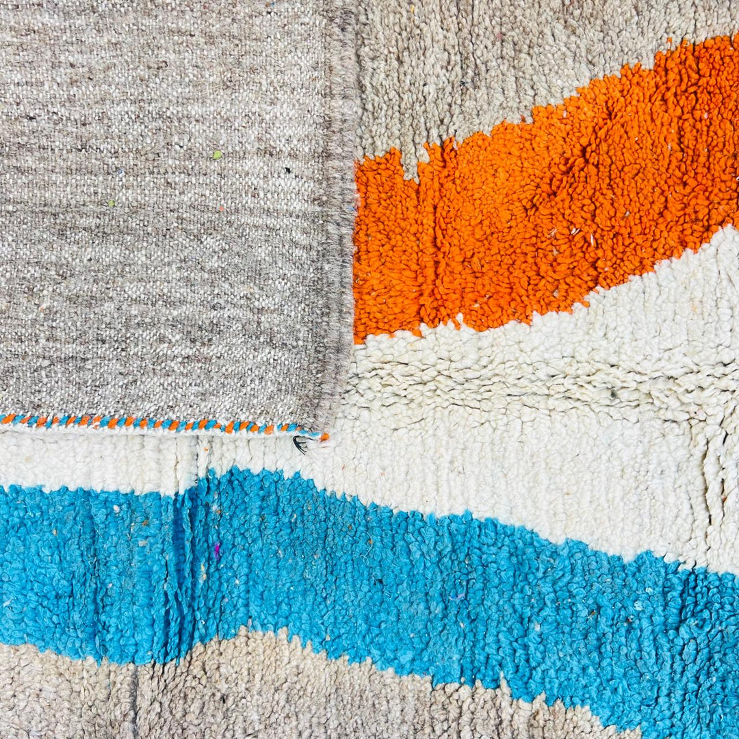Vintage Moroccan wool rug with abstract blue, ivory and orange stripe on beige background, handmade Berber rug 264x152 cm