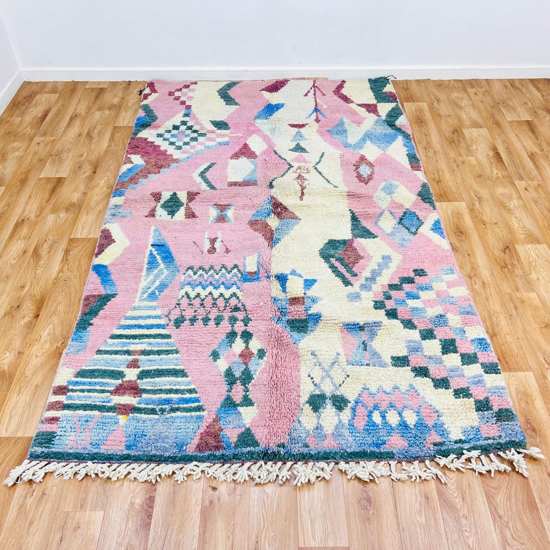 Vintage Moroccan wool rug with abstract Berber symbols in blush pink, pastel yellow and blue, size 263x160 cm