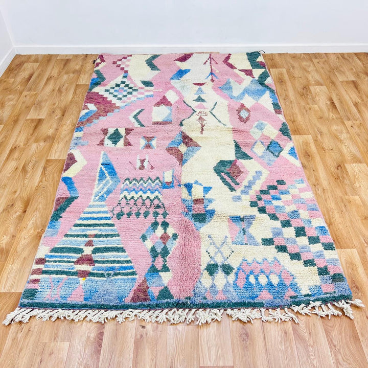Vintage Moroccan wool rug with abstract Berber symbols in blush pink, pastel yellow and blue, size 263x160 cm