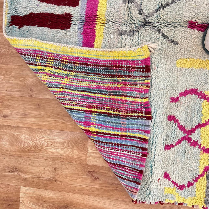 Vintage Moroccan wool rug with abstract Berber symbols in grey, burgundy and mustard, handmade in Morocco, size 253 x 152 cm.